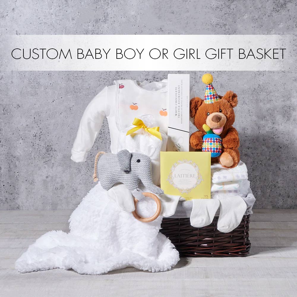 The Custom Baby Boy or Girl Gift Basket from Hazelton’s is a wonderful way to celebrate the birth of a new baby, no matter the result, USA delivery