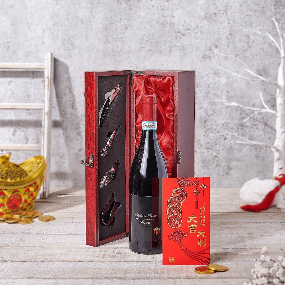 Premium Wine Gift Basket with Chocolate Coins for Chinese New Year – how the gift is presented