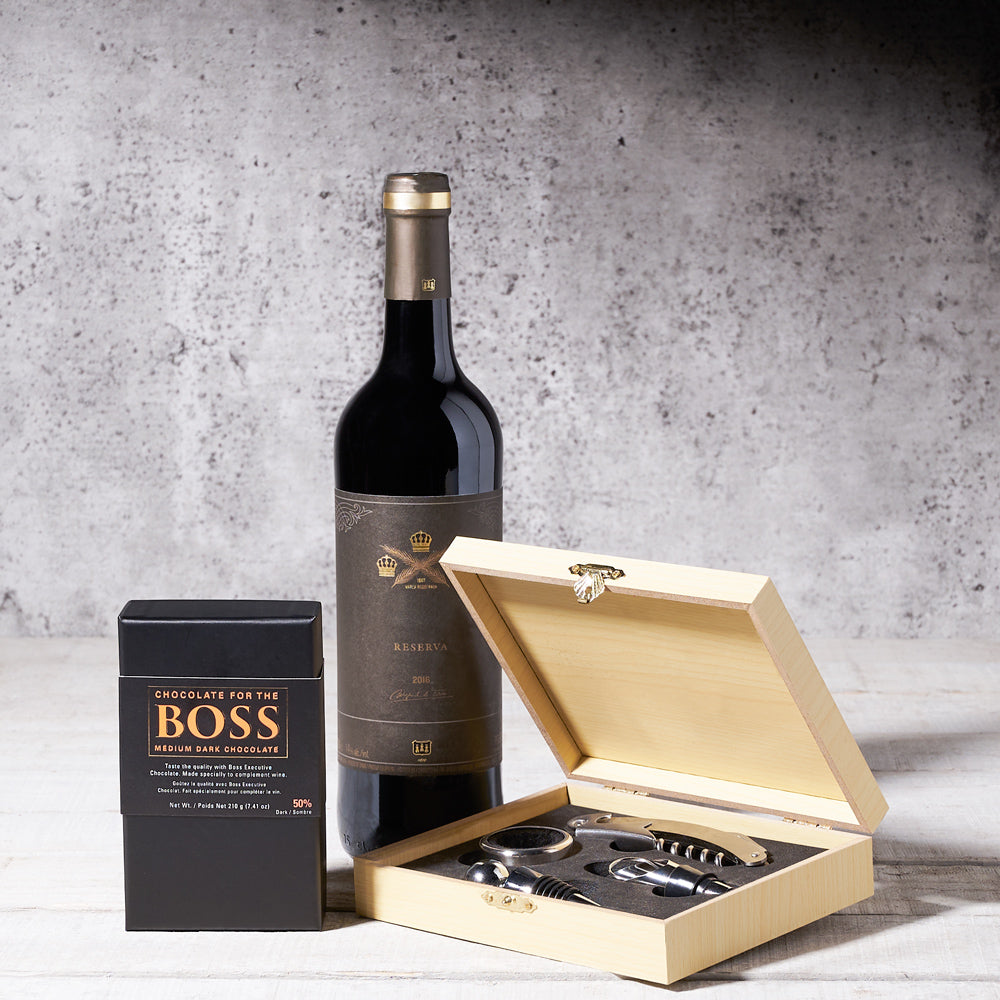 Holiday Wine and Boss Medium Dark Chocolate Gift Basket in Wooden Box – how the gift is presented