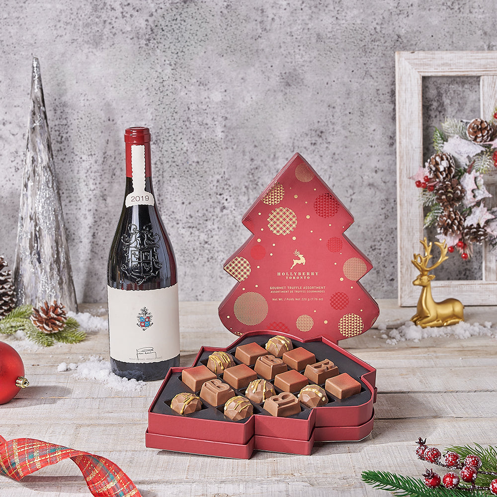 A Very Merry Chocolate Tree Wine Gift, wine gift, wine, chocolate gift, chocolate, christmas gift, christmas