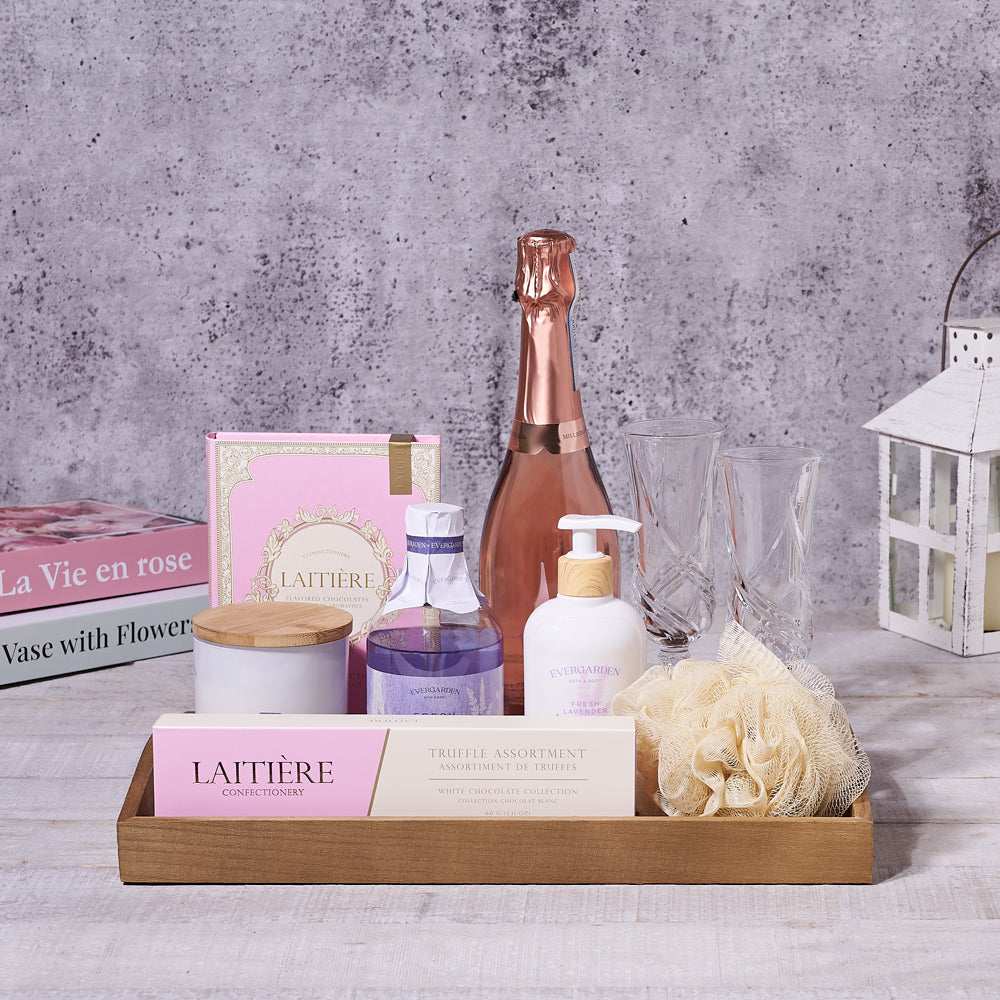 Chocolate and Lavender Sparkling Wine Basket – how the gift is presented