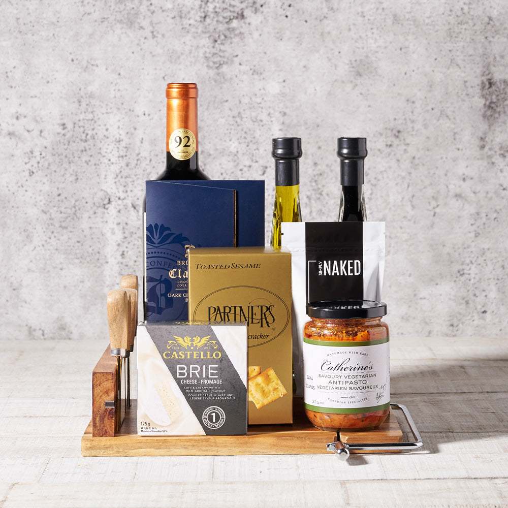 Wine & Cheese Celebration! – Wine gift baskets – Canada delivery, wine, wine gift baskets, gift baskets, baskets, olive oil, balsamic vinegar, chocolate, brie, cheese, antipasto, cheese knives, cheese board, crackers Hazelton's