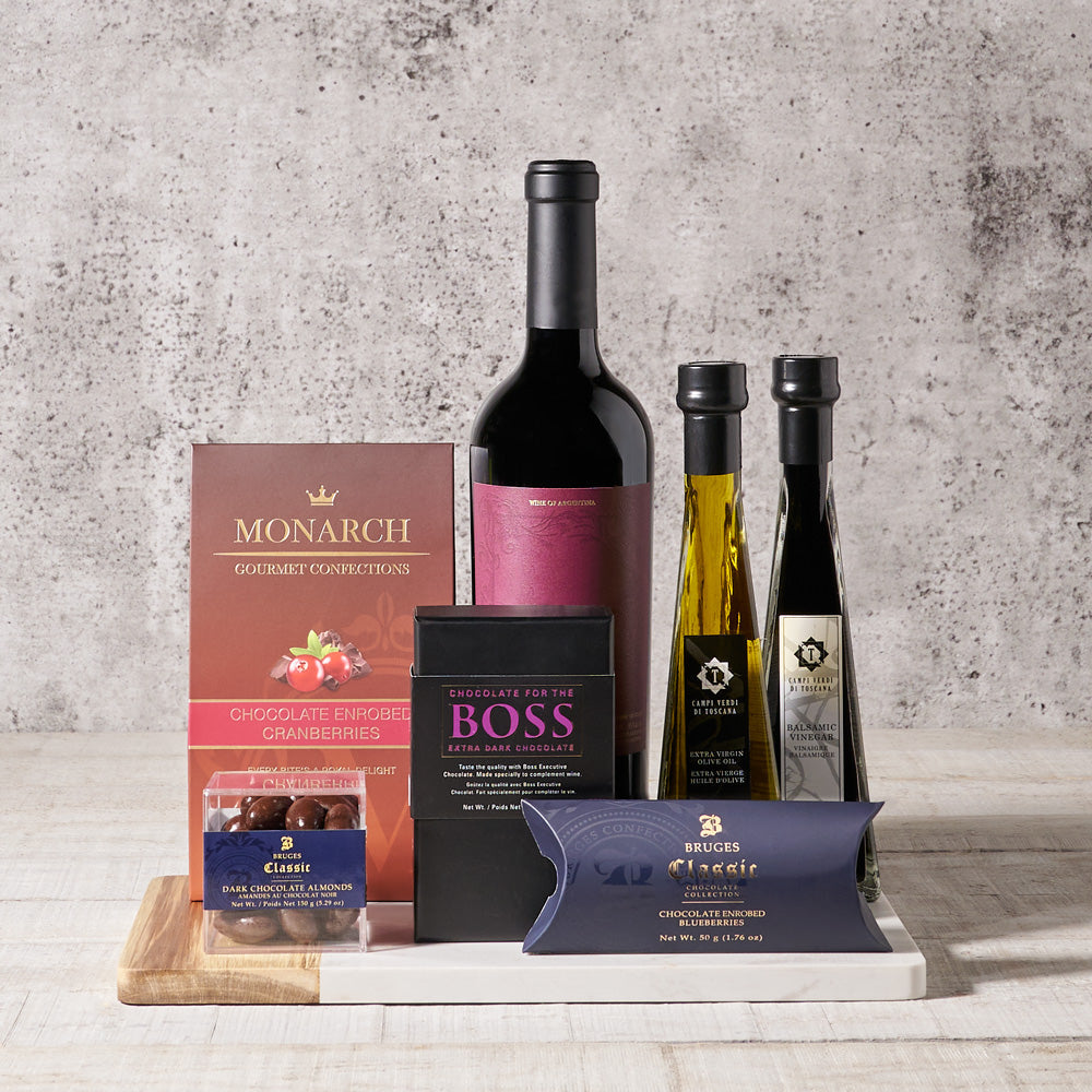 Signature Wine and Artisan Chocolate Basket – how the gift is presented