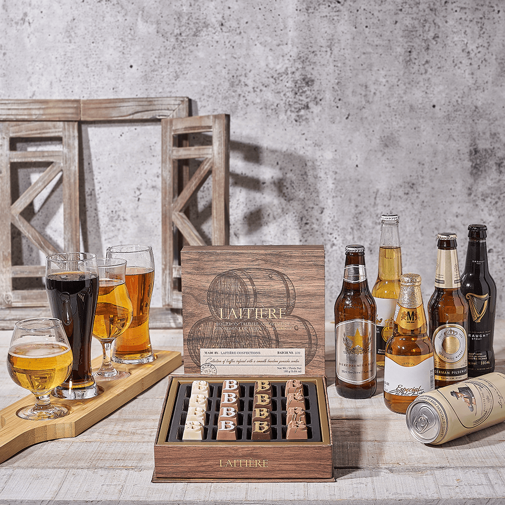 Beer Flight Basket with Truffle Assortment – how the gift is presented