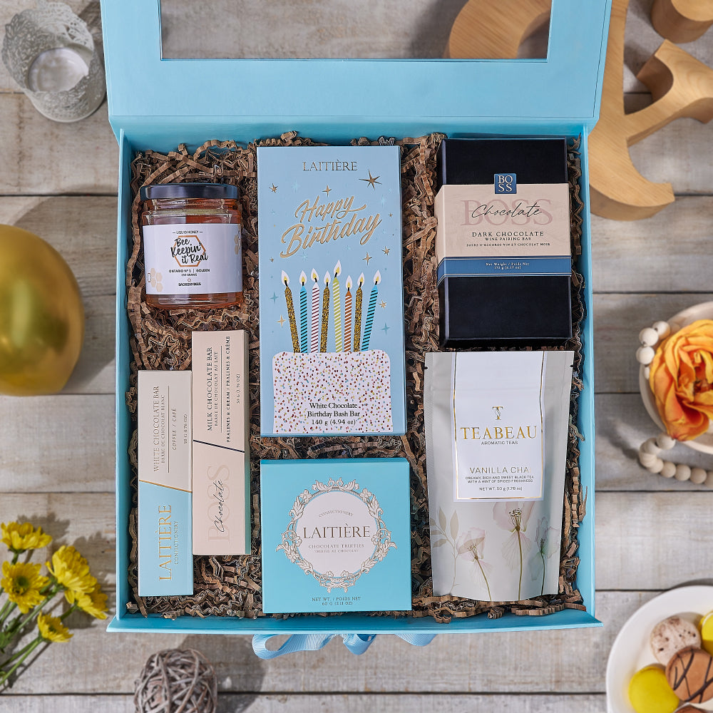 Birthday Bash Gourmet Chocolate and Honey Gift Box – how the gift is presented