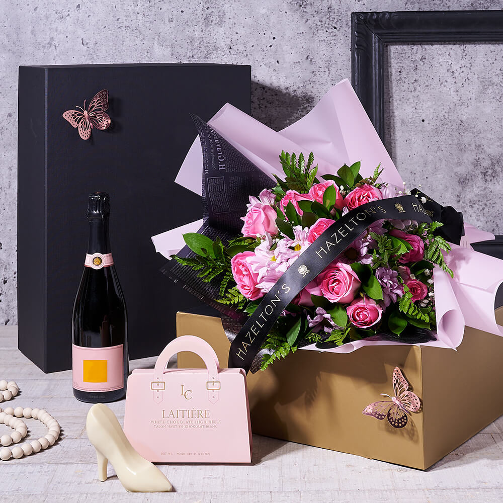 Pink Purple Rose with Sparkling Wine – how the gift is presented