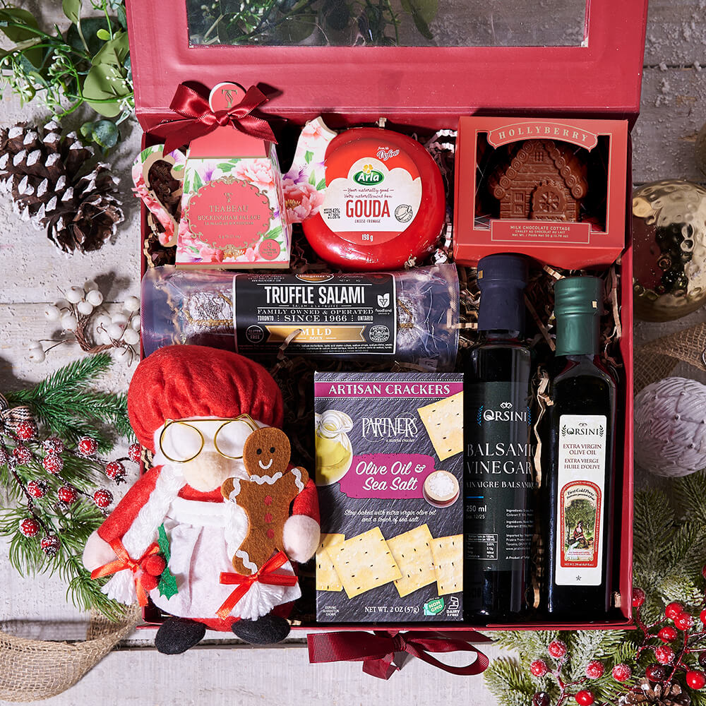 Holiday Gourmet Gift Basket with Buckingham Palace Tea and Truffle Salami – how the gift is presented