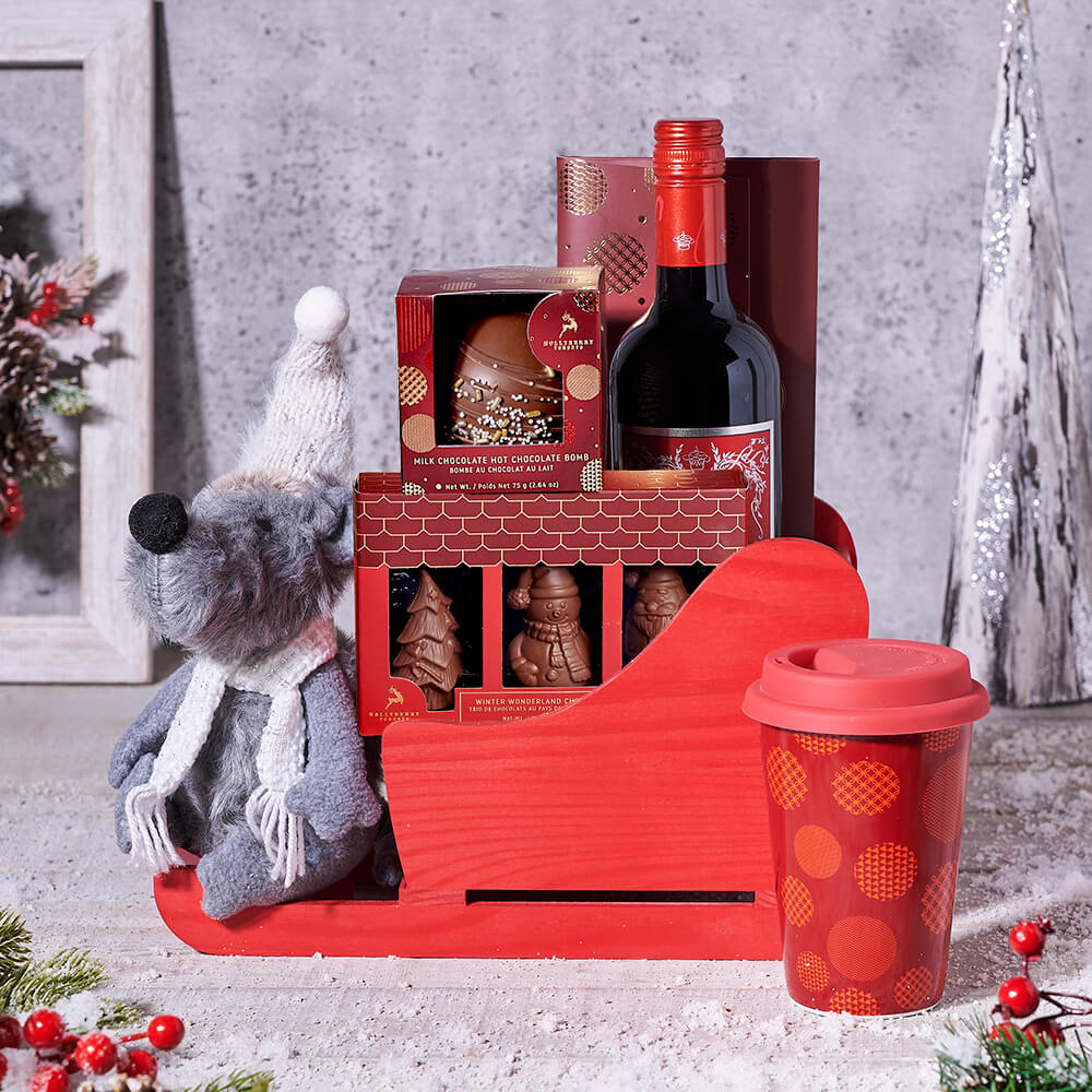 Christmas Sleigh with Wine Gift Basket, wine gift, wine, christmas gift, christmas, holiday gift, holiday, gourmet gift