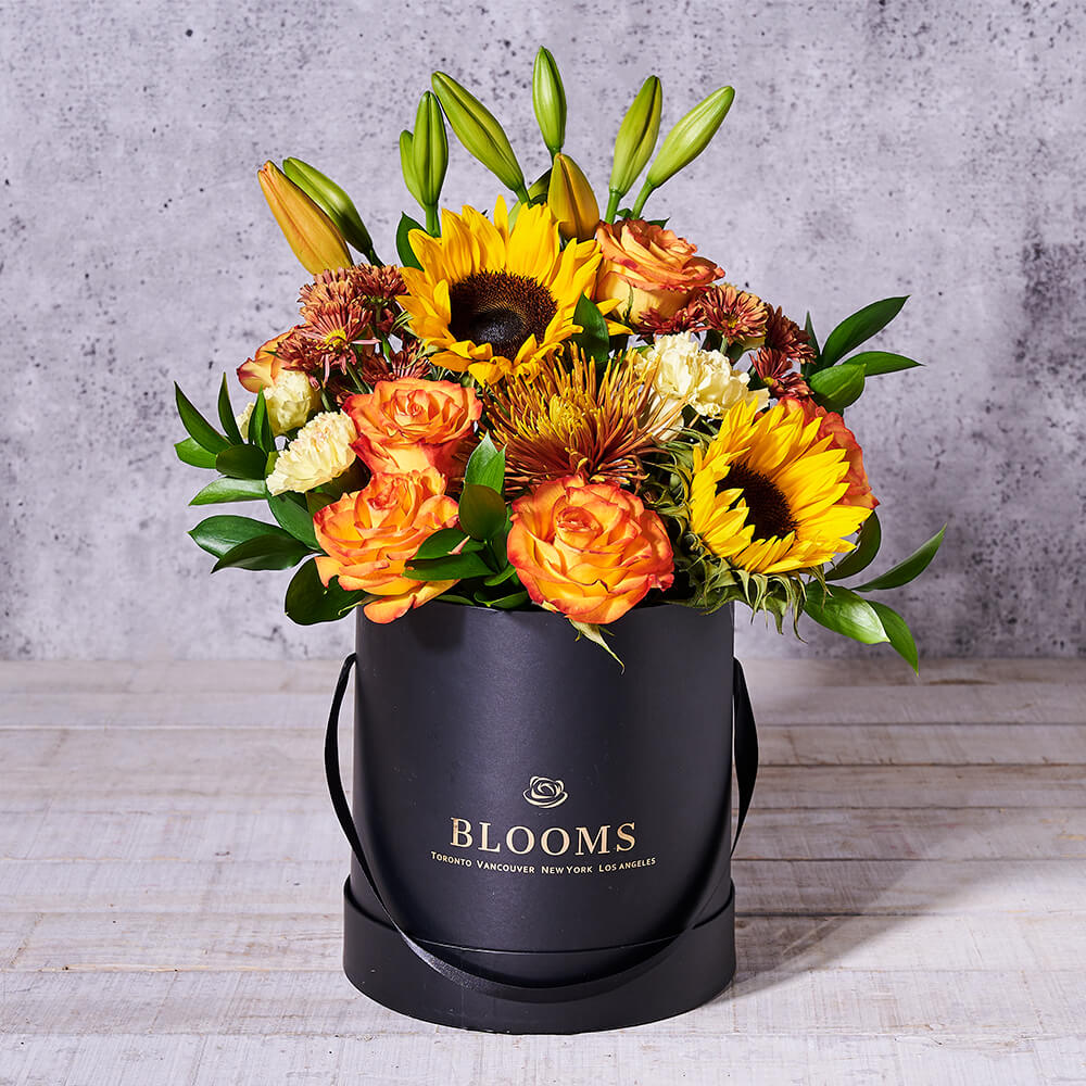 Orange Lilies and Sunflowers Hat Box – how the gift is presented