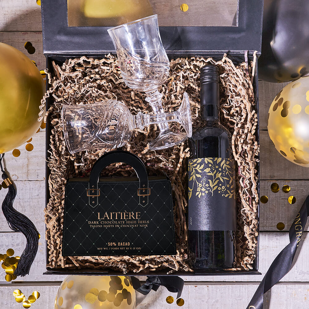 Elegant Wine and Laitière Chocolate Gift Basket in Hinged Box – how the gift is presented
