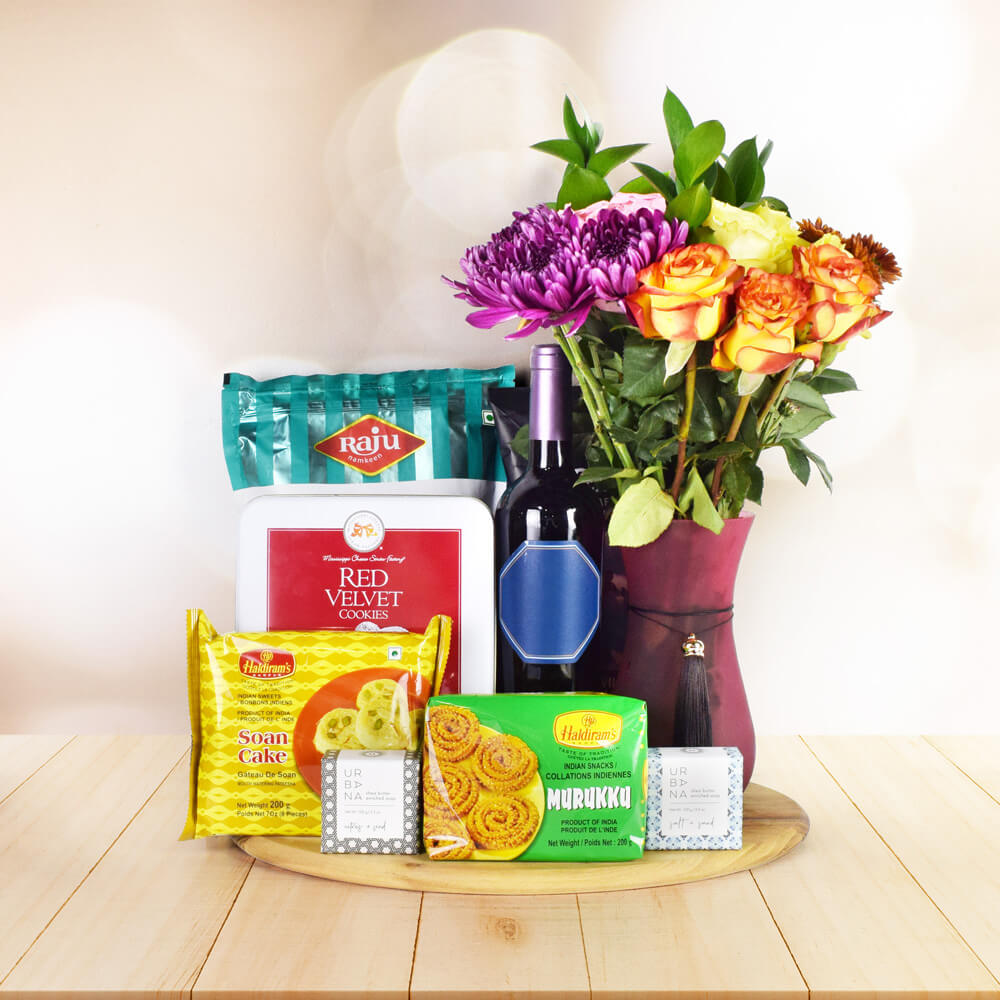 MOUTHWATERING DIWALI GIFT BASKET WITH WINE- DIWALI GIFT