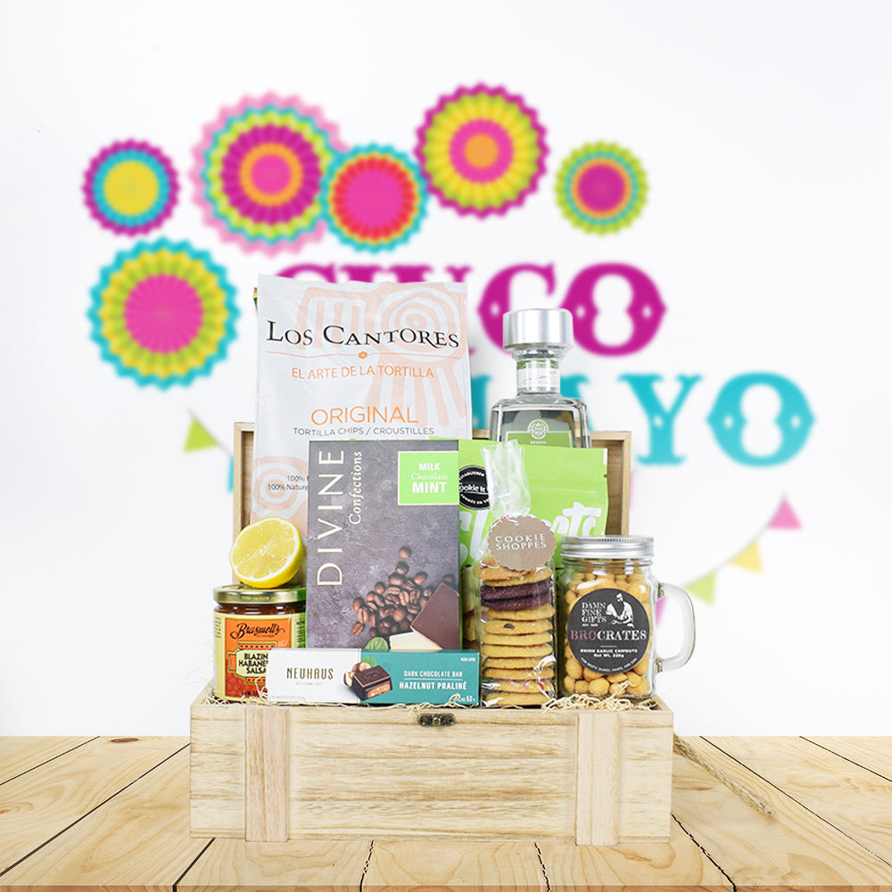 Cinco de Mayo Sweet & Crunch Basket, Liquor Gift Basket, Salsa, Chips, Cookies, Chocolate