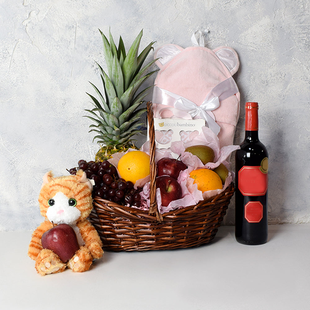 Baby Girl Bliss Fruit & Wine Basket, Wine Gift Basket, Baby Gift Basket, Wine, Fruits, Baby Clothes, Plush