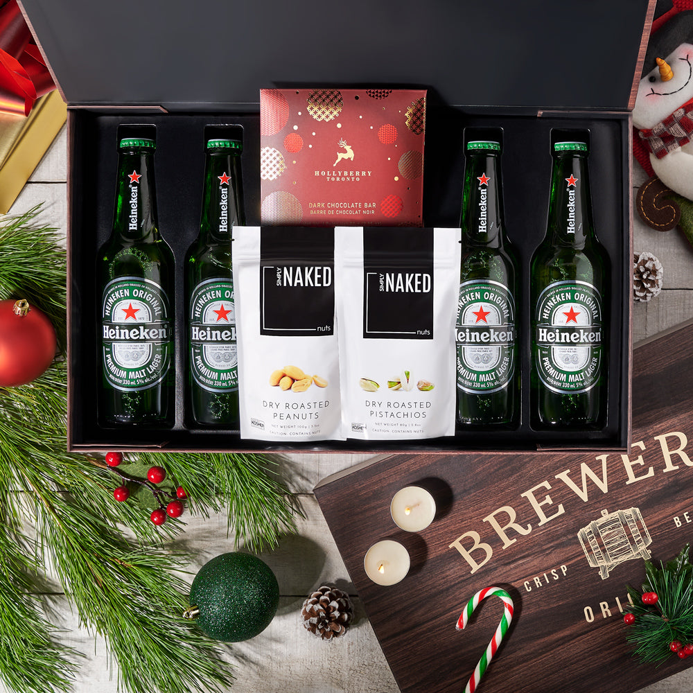 chocolate, beer gift, beer box, beer, holiday, christmas, nuts, christmas heineken & nuts box, christmas gift box, beer gift box, nuts box delivery