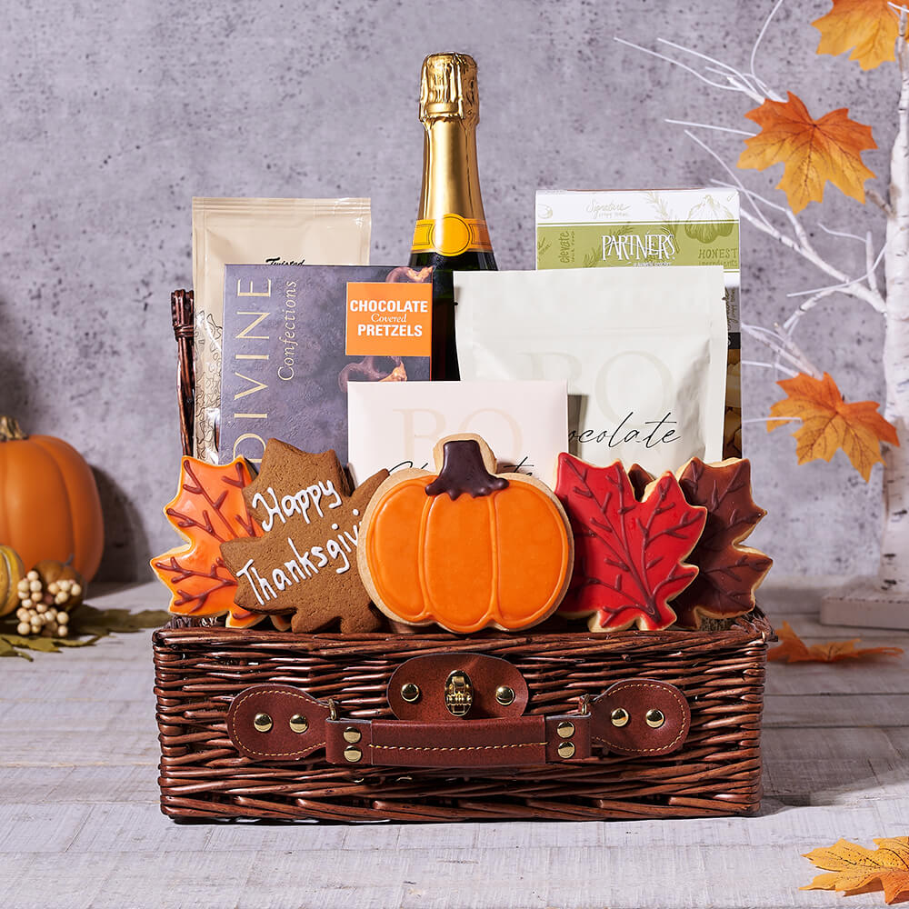 Deluxe Thanksgiving Treats Basket, champagne gift, champagne, sparkling wine gift, sparkling wine, gourmet gift, gourmet, cookie gift