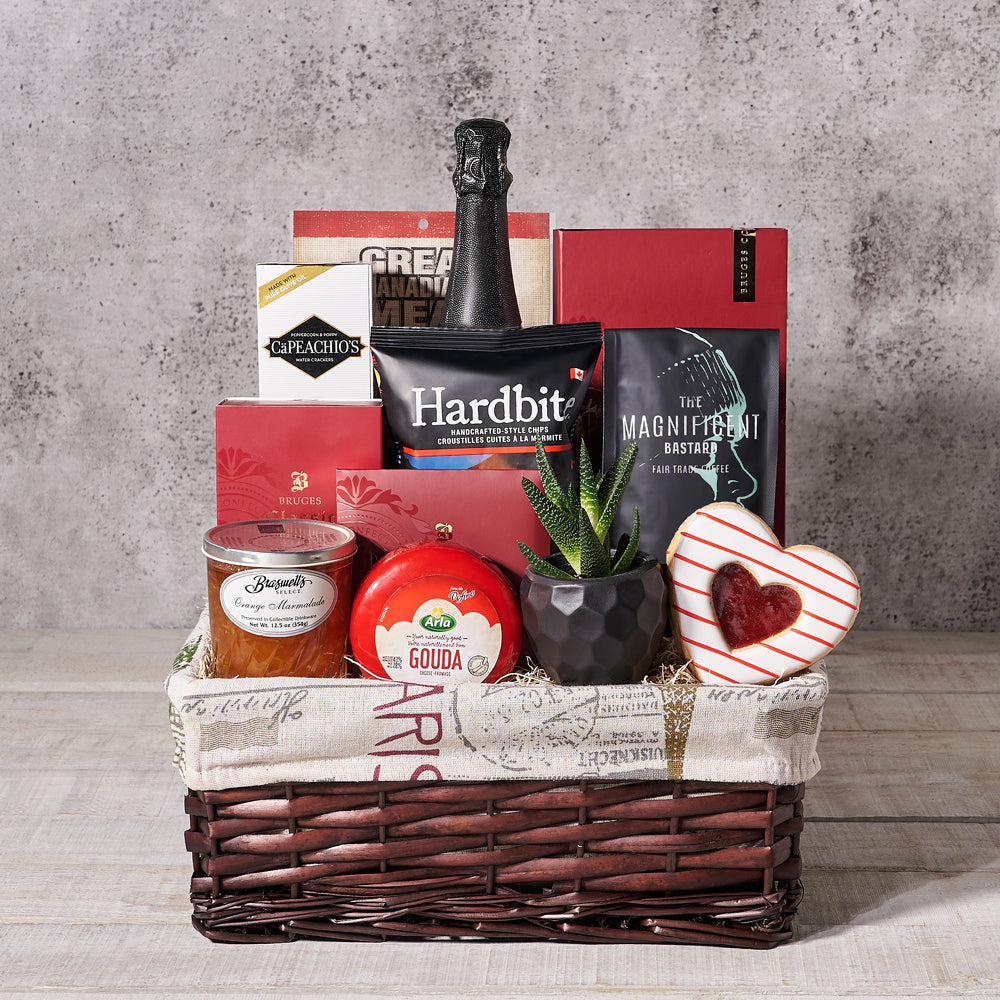 Valentine's Sparkling Wine and Foods Basket – how the gift is presented