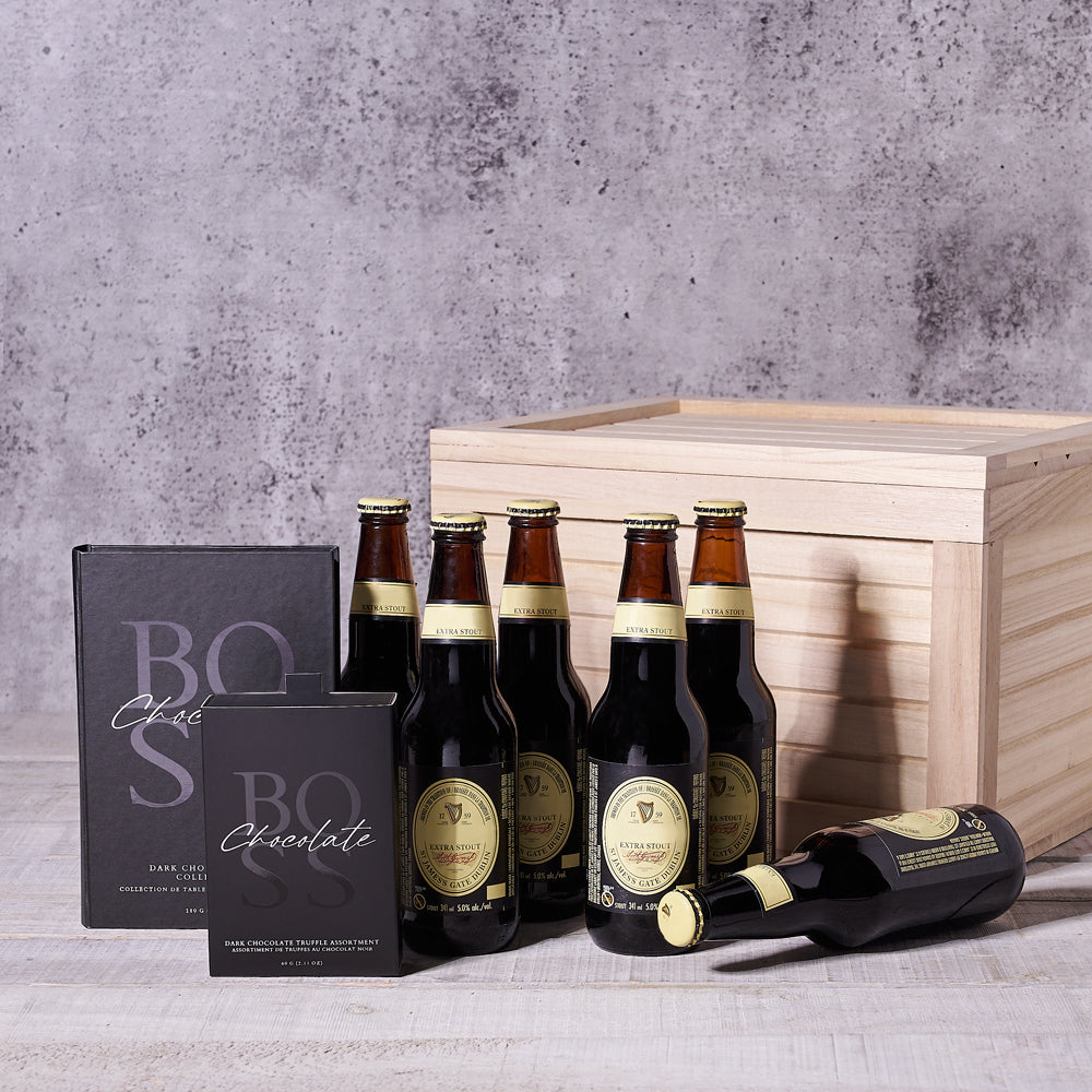 Guinness Lover's Gift Crate, beer gift baskets, chocolates, guinness beer, beer gift crate, beer gift set, father's day gift baskets,