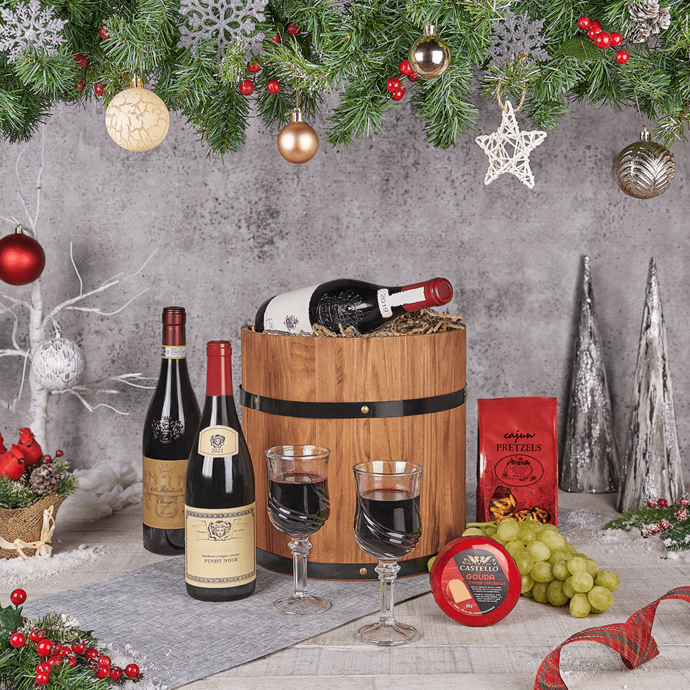 Festive Christmas Wine Barrel, christmas gift, christmas, wine gift, wine, holiday gift, holiday, fruit gift, fruit, USA delivery