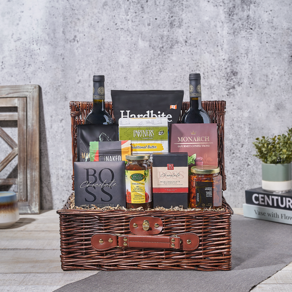 Festive Purim Wine Gift Basket, kosher gift, kosher, wine gift, wine, chocolate gift, chocolate