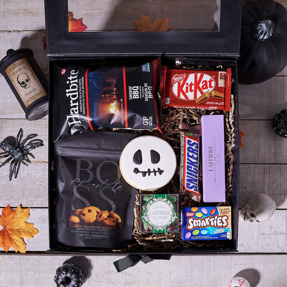 Halloween Gourmet Treats Gift Basket in Hinged Gift Box – how the gift is presented