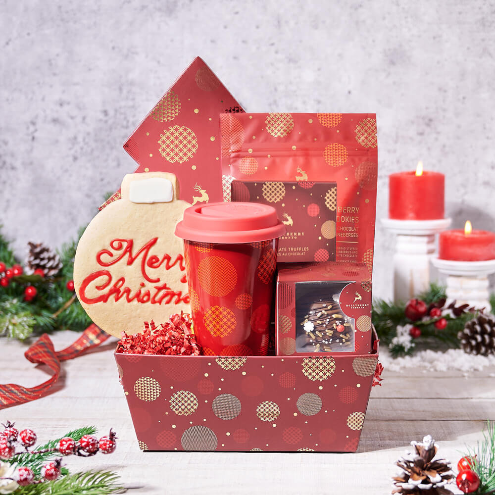 Holiday Hot Chocolate Gift Basket, cutting board, Christmas Gift Baskets, christmas, Christmas Cookie, cookies, Hot Chocolate, chocolate, christmas gift basket delivery, delivery christmas gift basket