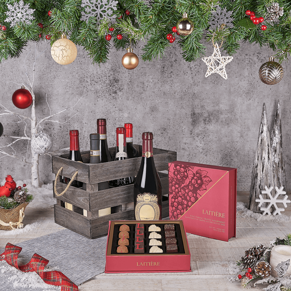 Holiday Wine Crate, christmas gift, christmas, wine gift, wine, chocolate gift, chocolate, luxury gift, luxury