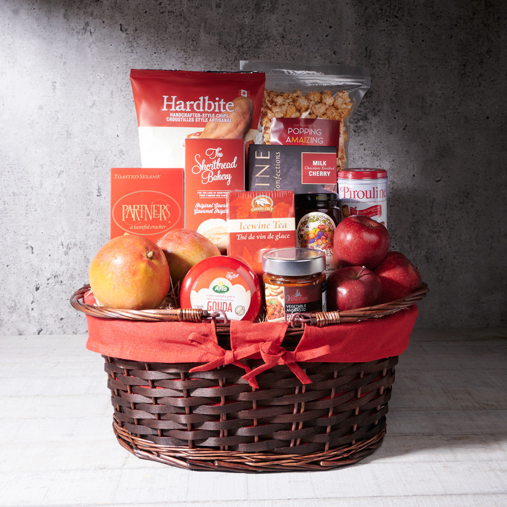Gourmet Treats in Oval Wicker Basket – how the gift is presented