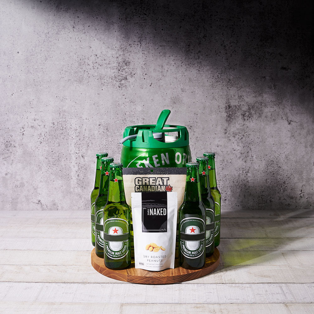 The Oktoberfest Custom Beer Keg Gift Basket, beer gift sets, gourmet gifts, heineken, beer keg, beer, peanuts, beef jerky, USA Delivery