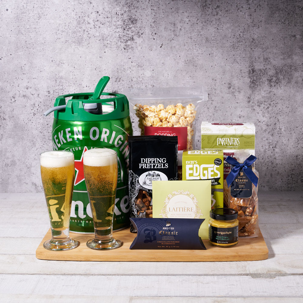 Heineken Heaven Keg Set, beer gift sets, gourmet gifts, heineken, beer keg, beer, chocolate, pretzels, peanuts, snacks