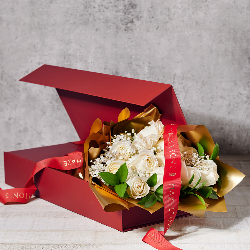 White Rose Bouquet in Red Box – how the gift is presented