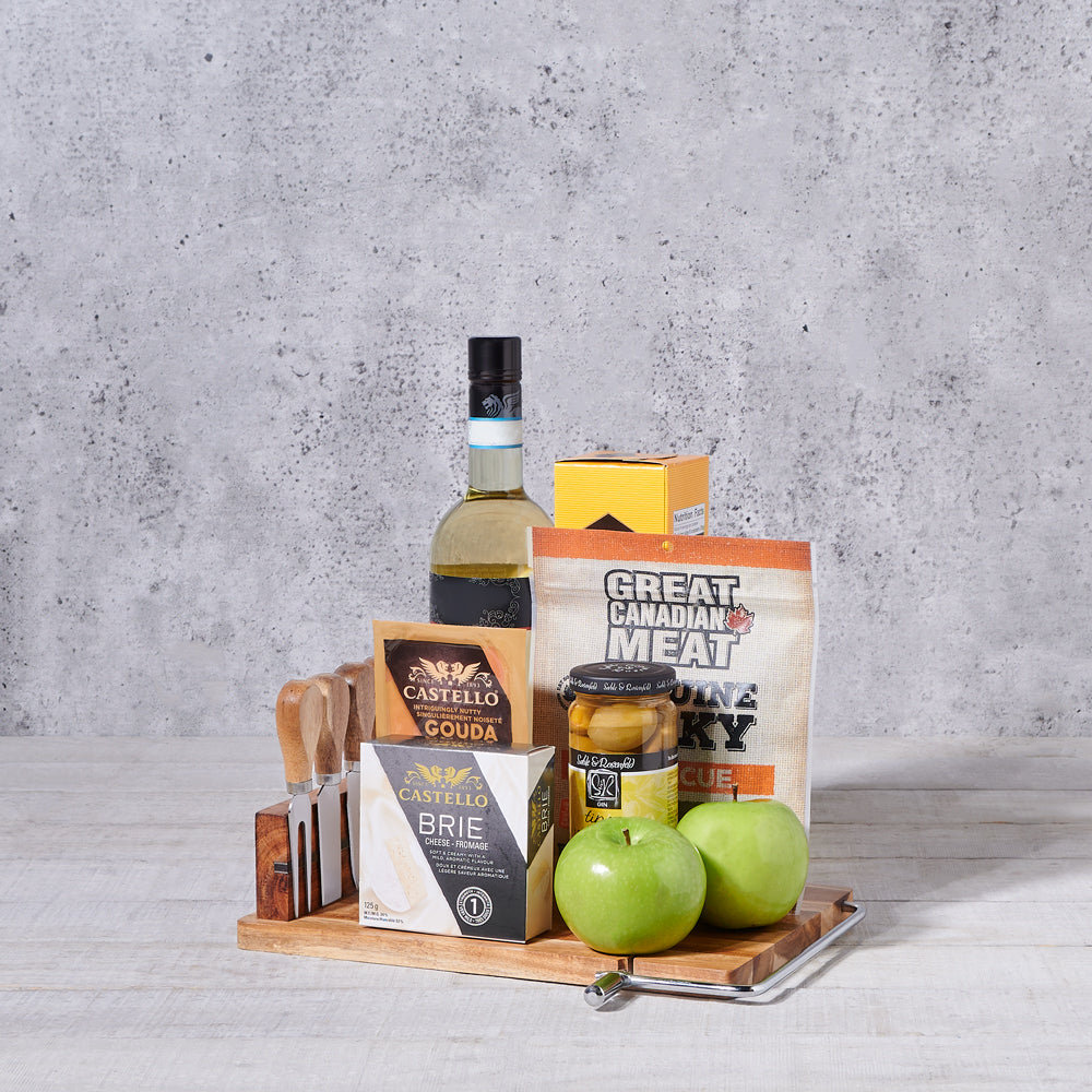 Cheesy Cravings Wine Gift Basket, gourmet gift, gourmet, wine gift, wine, cheeseboard, cheeseboard gift, cheese gift.