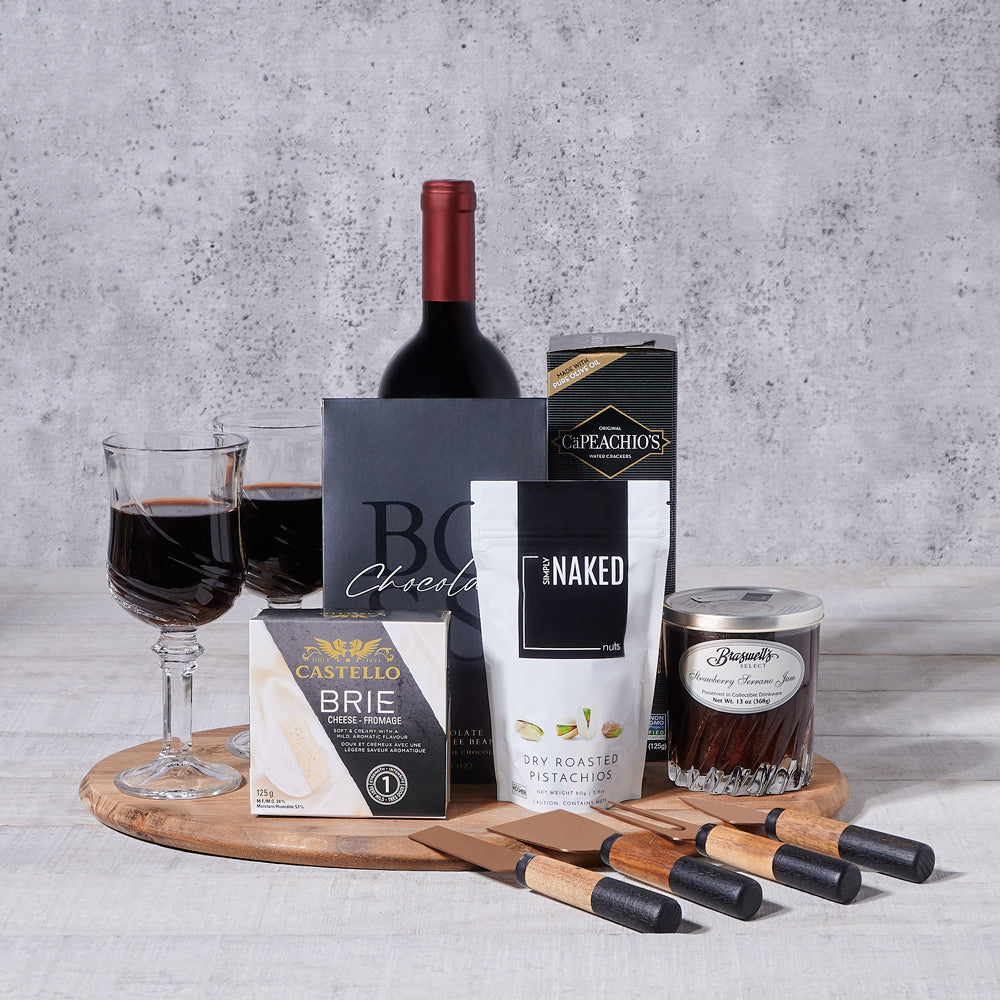 Cheeseboard & Wine Gift Basket, gourmet gift, gourmet, wine gift, wine, cheeseboard gift, cheeseboard, cheese gift.