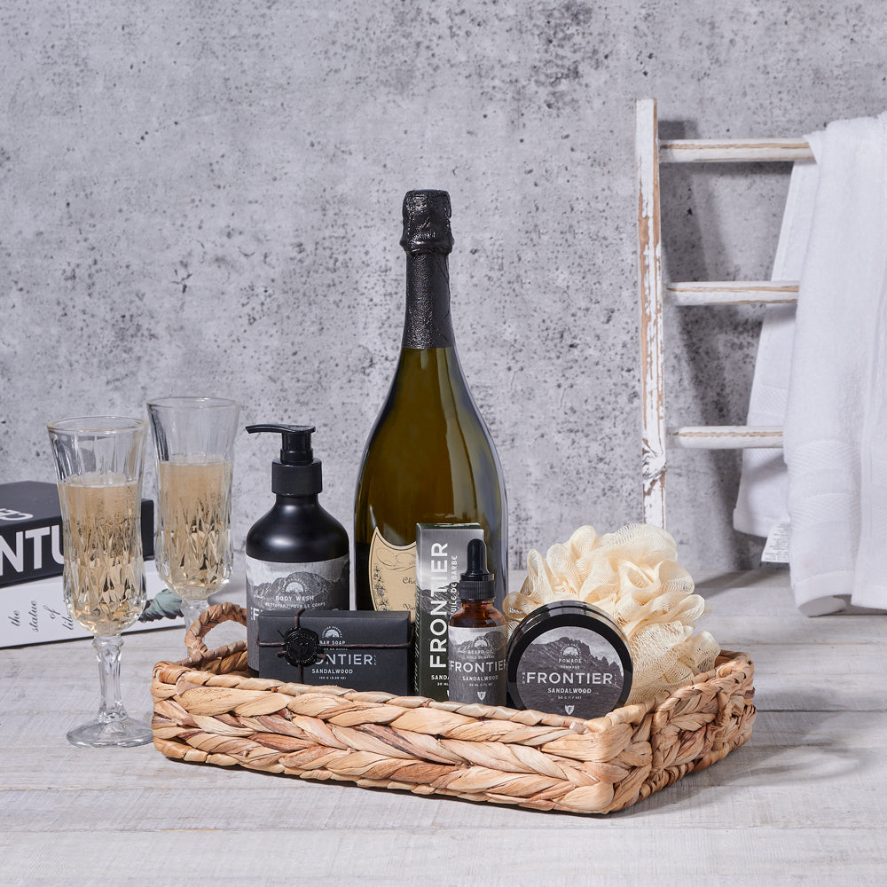 Men’s Spa Gift Tray & Champagne, champagne gift baskets, spa gift baskets, spa gifts, gift baskets