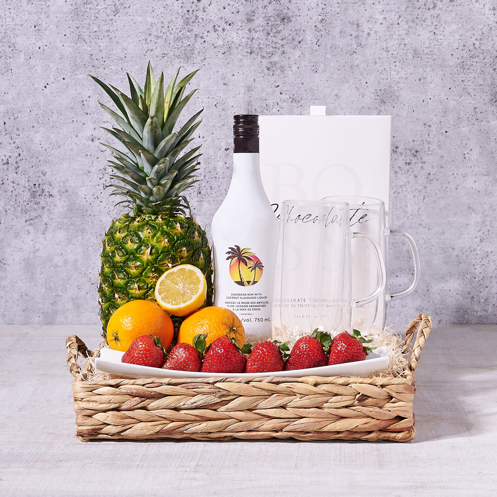 Liquor and Fresh Fruit Tray – how the gift is presented