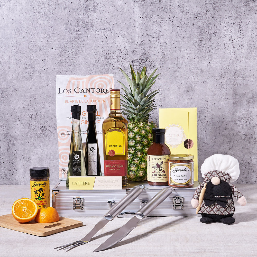 Liquor Gift Basket with Jerk Seasoning, USA – how the gift is presented