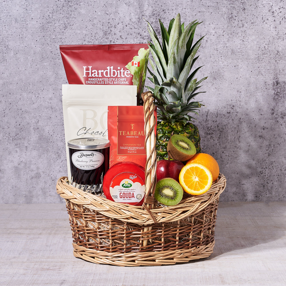Assorted Fruit and Snack Basket – how the gift is presented