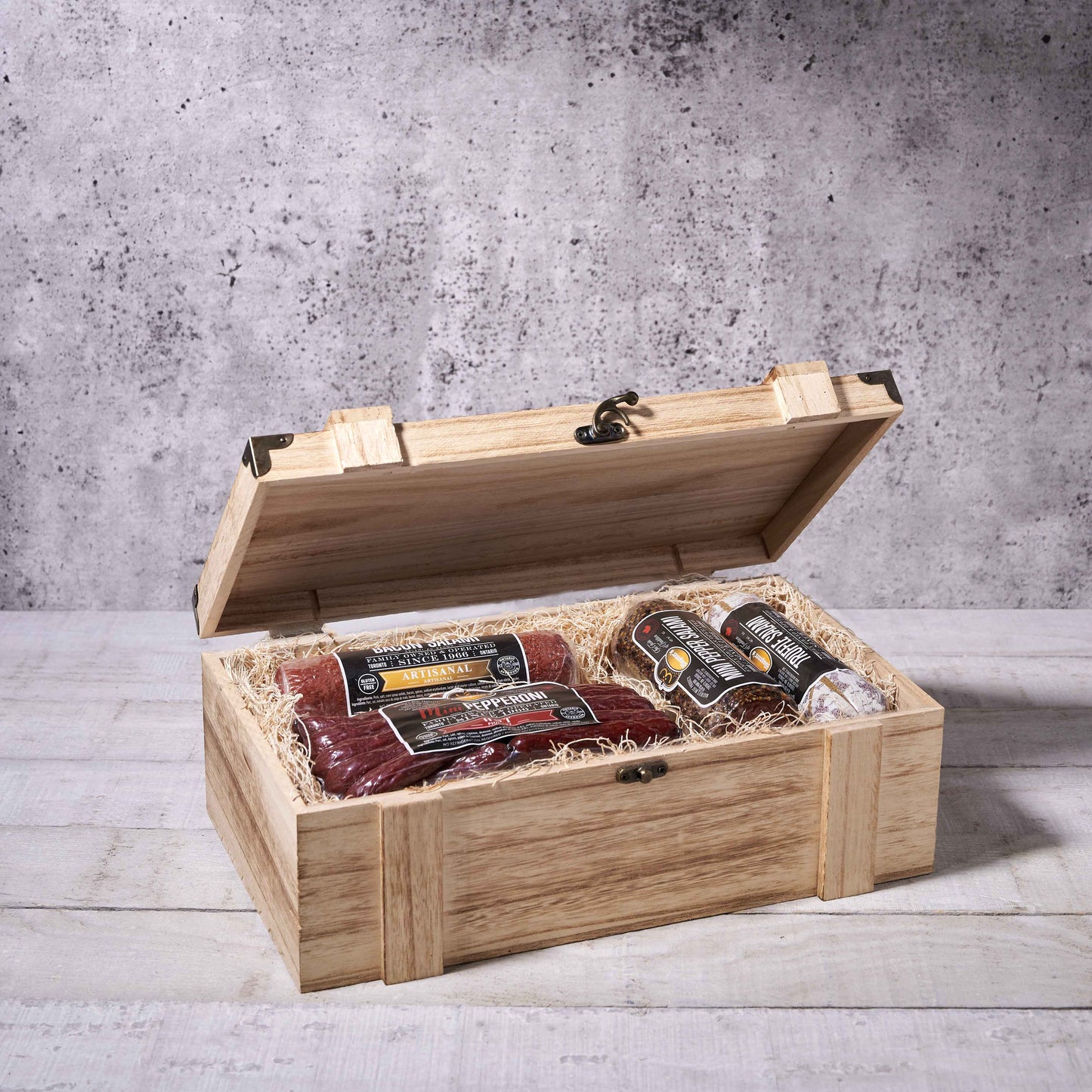 Rustic Meat Lovers Charcuterie Gift Crate, gift baskets, gift, salami