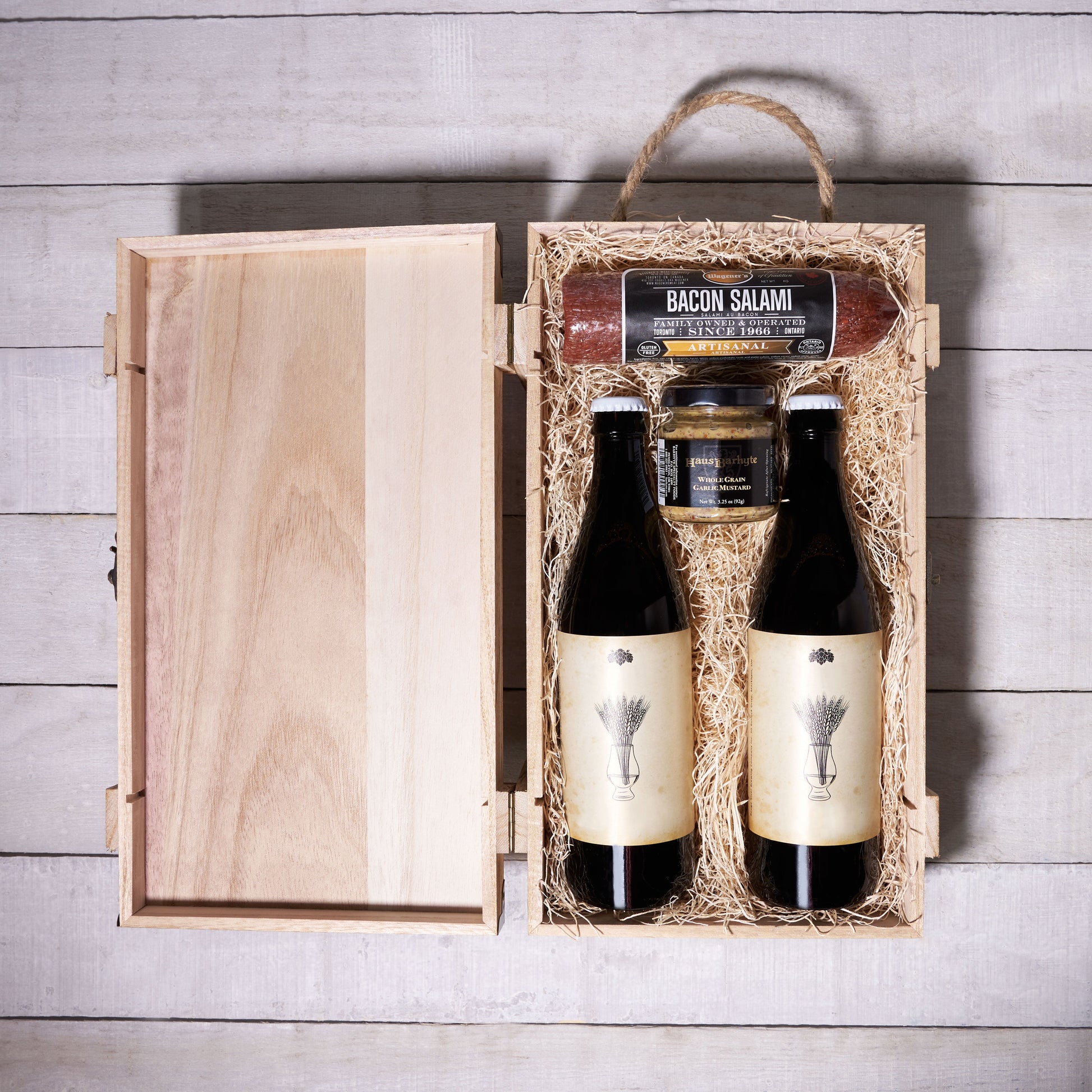 Dad's Beer and Delicatessen Delight, beer gift baskets, gourmet gifts, beer, bacon salami, whole grain garlic mustard