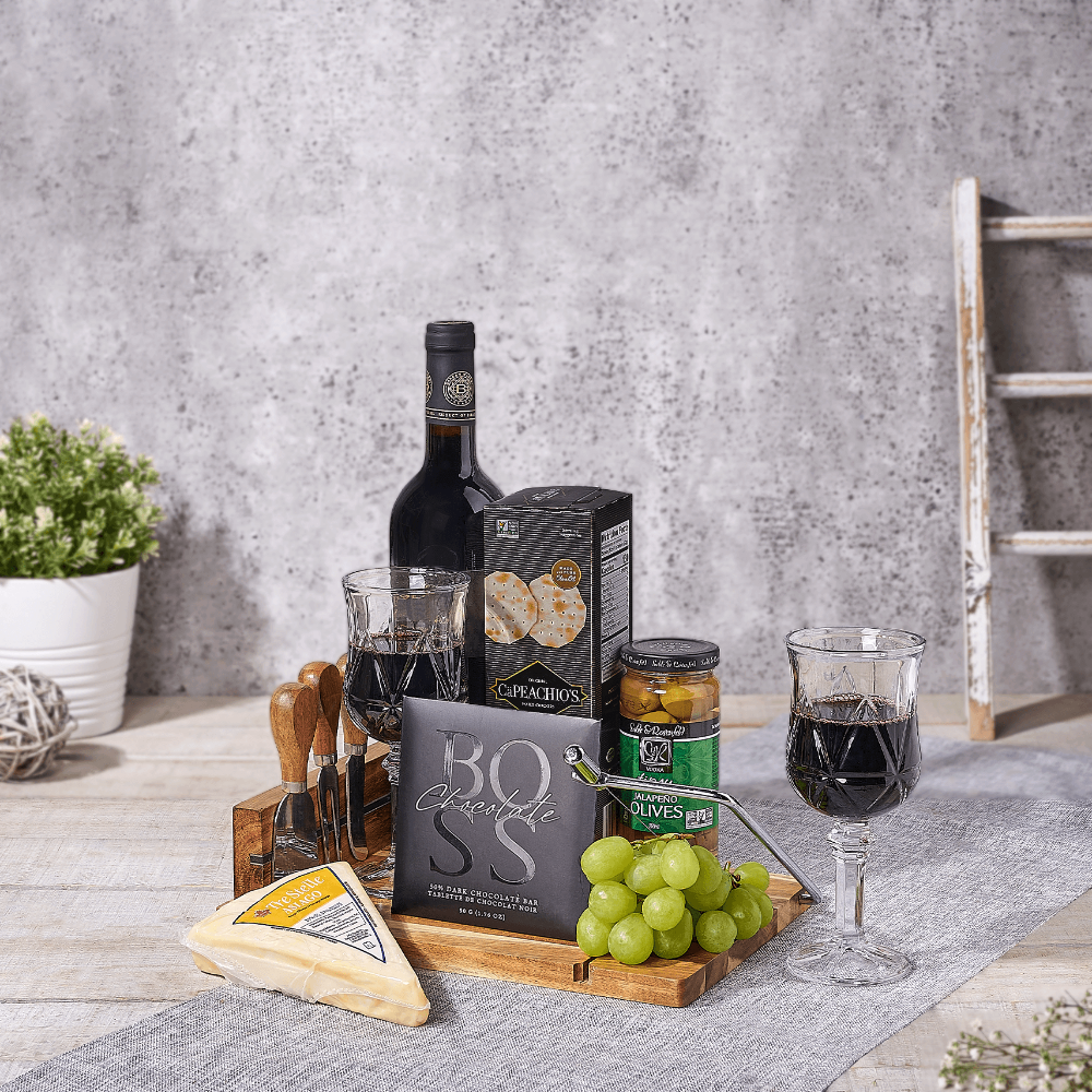 Wine and Kosher Cheese and Board – how the gift is presented