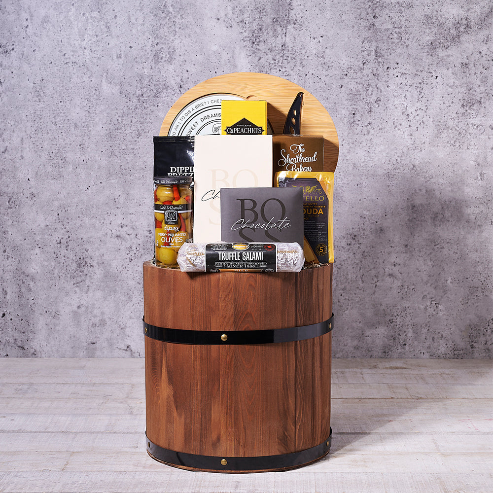 Gourmet Gift Barrel, gourmet gift baskets, gourmet gift, snack gift, charcuterie gift, charcuterie
