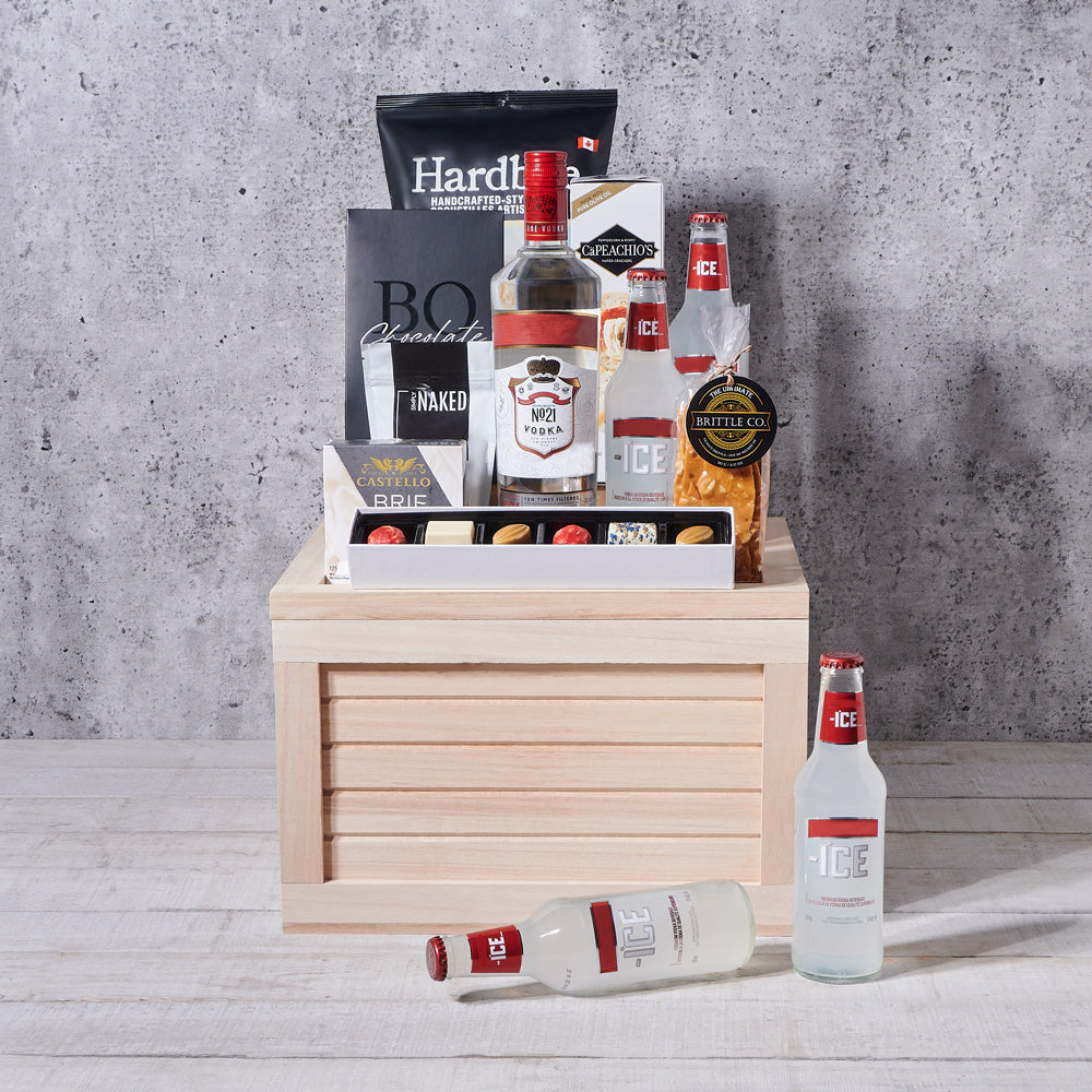 Liquor Gift Basket with Premium Chocolates – how the gift is presented