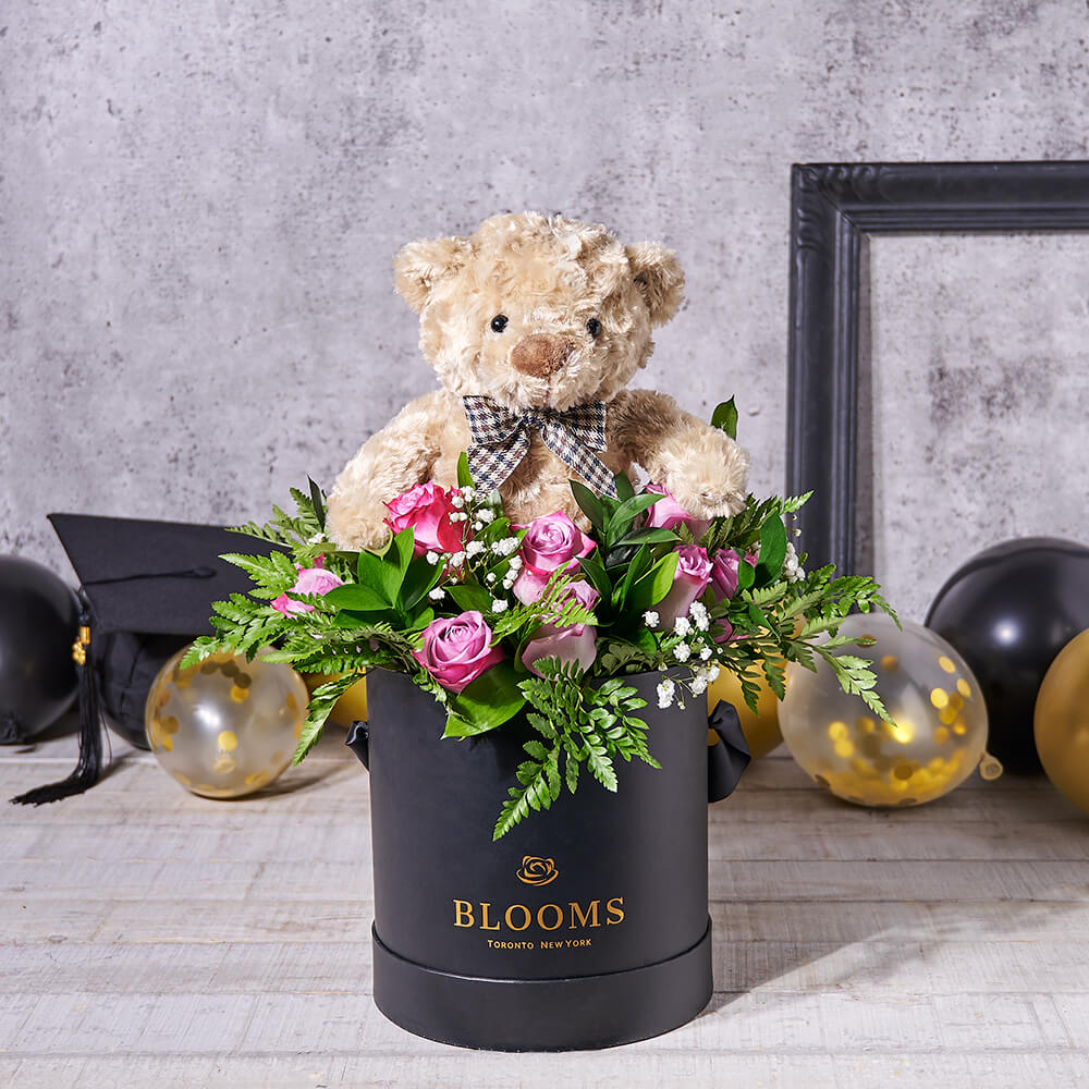 Pink Roses and Bear Hat Box – how the gift is presented