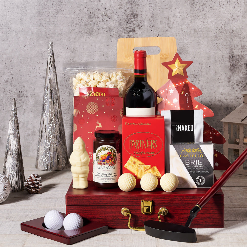 A Golfer's Christmas Wine Gift Basket, Christmas Wine Gift Baskets, Gourmet Gift Baskets, Christmas Golf Set, Xmas Wine Set, Cheese Gift Baskets, Nuts, Cheese, Crackers, Wine, Chocolate, Popcorn, Cutting Board