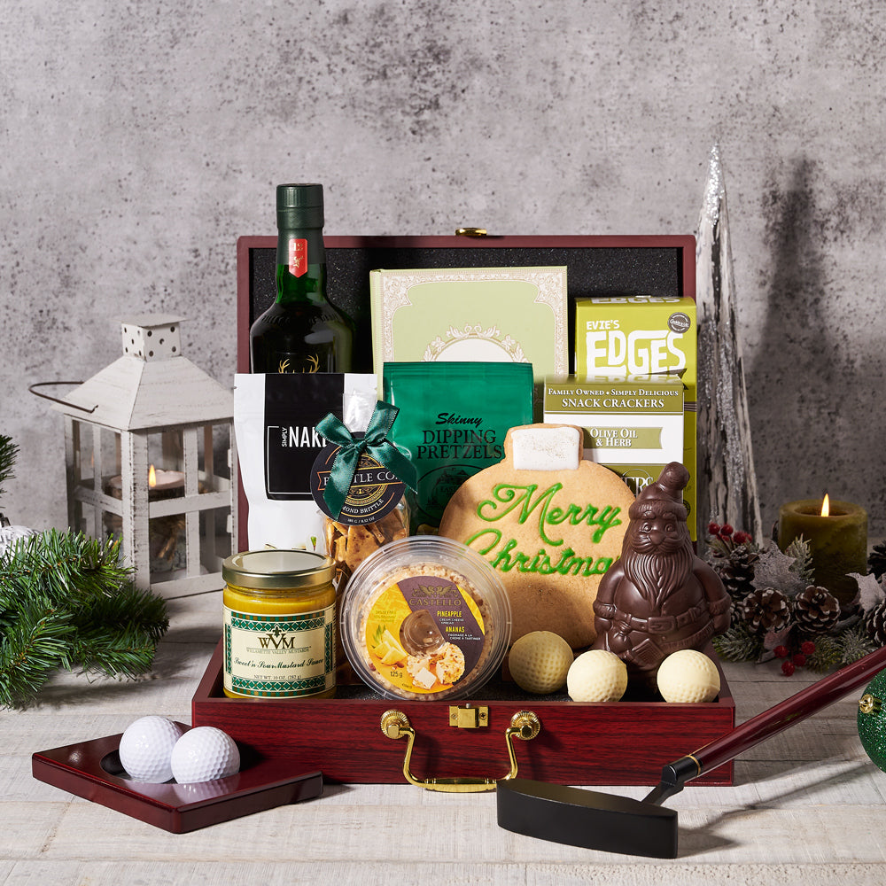 Golf & Liquor Holiday Gift Basket, Liquor Gift Baskets, Chocolate Gift Baskets, Cheese Gift Baskets, Christmas Gift Baskets, Xmas Gift Sets, Chocolate, Pretzels, Liquor, Cheese, Golf, Crackers, Cookies, USA Delivery