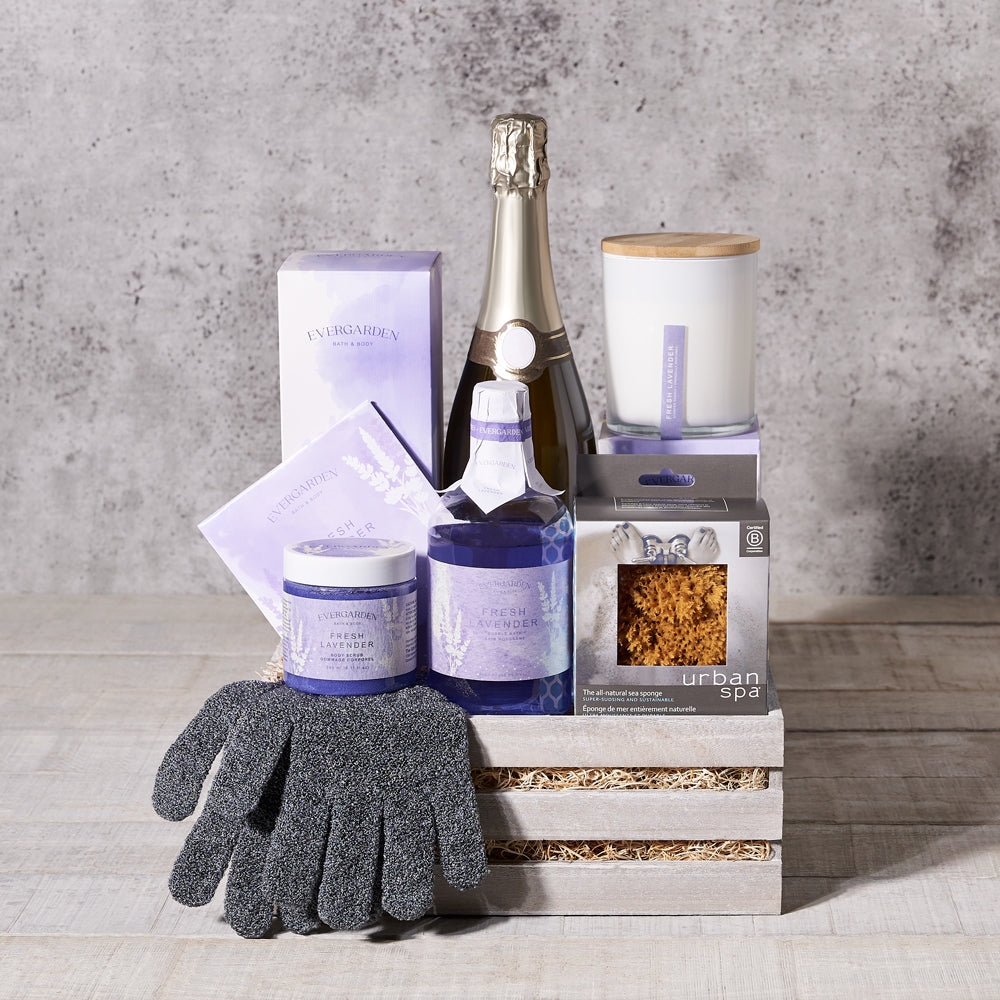 sparkling wine, spa gift, Spa, bath salts, bath products, bath & body, bath, lavender, Set 24070-2021, champagne spa crate