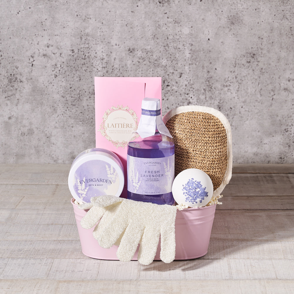 spa gift, Spa, bath bomb, gloves, bucket, bath products, bath mitt, bath & body, bath, white chocolate, Set 24084-2021, gourmet, spa gift basket delivery, delivery spa gift basket, bath and body basket