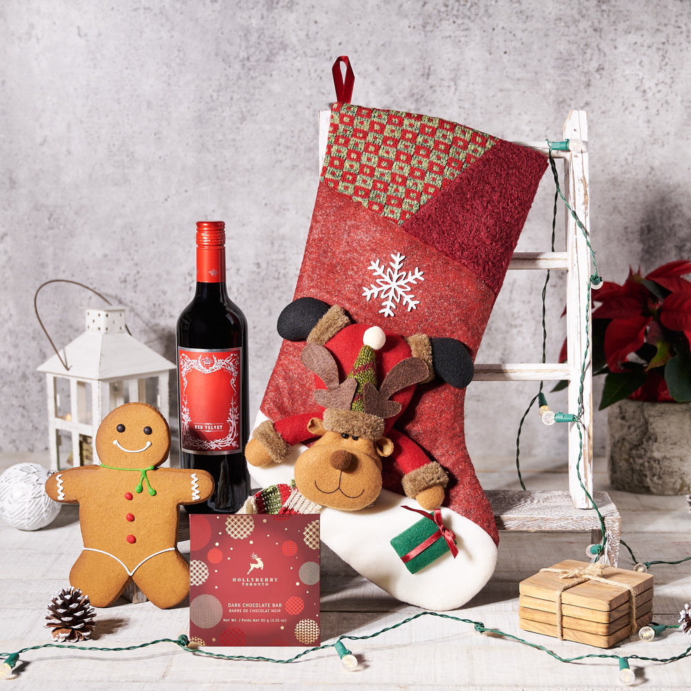 Decadent Reindeer Stocking Gift Set, Christmas Wine Gifts, Christmas Wine Gift Baskets, Christmas Gourmet Gift Baskets, Christmas Chocolate Gift Baskets, Xmas Gifts