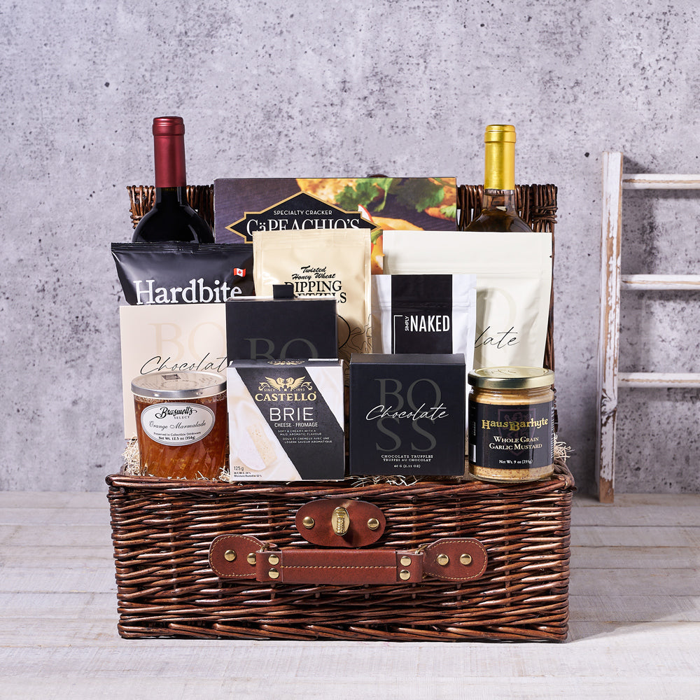 Two-Bottle Wine Gift Basket Featuring Brie Cheese and Chocolate Truffles – how the gift is presented