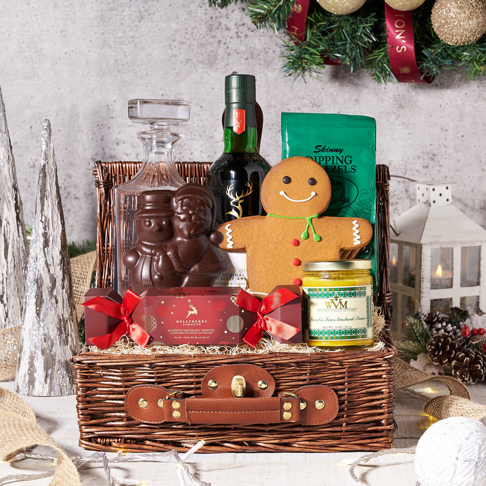 Christmas Liquor & Snack Gift Basket, Christmas Gift Baskets, Liquor Gift Baskets, Gourmet Gift Baskets, Chocolate Gift Baskets, Pretzels, Liquor, Chocolate, Mustard, Cookies, Xmas Gifts