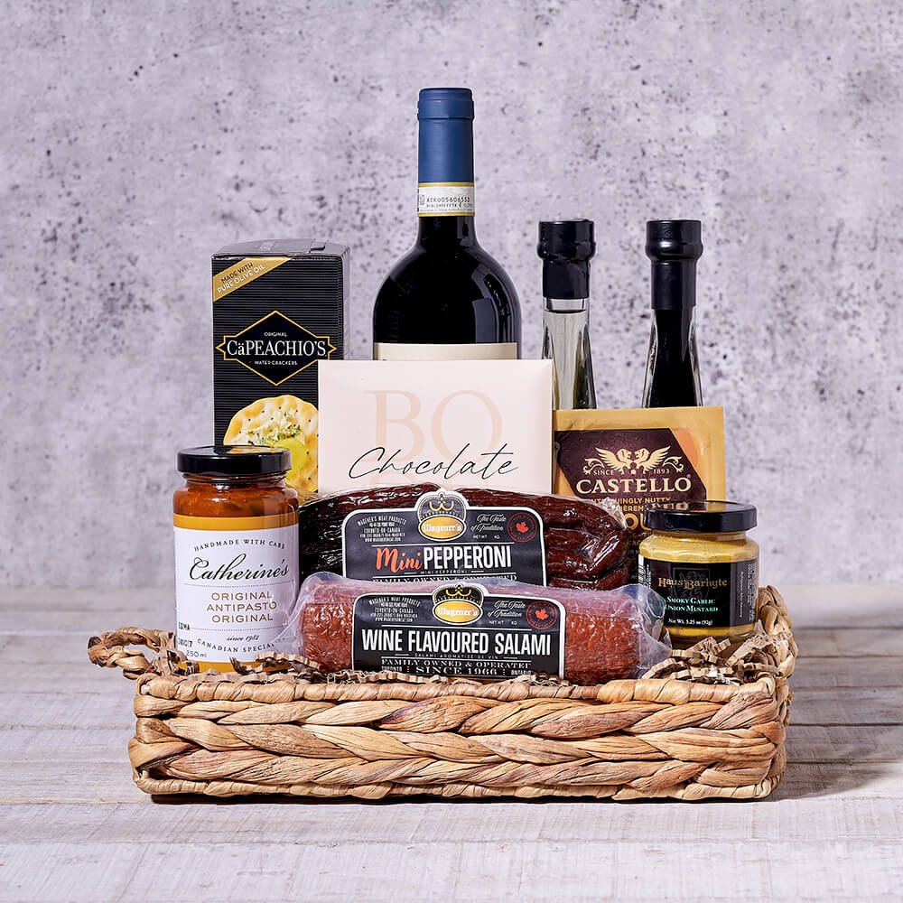 Savoury Delights Gourmet Gift Basket, wine gift, wine, gourmet gift, gourmet, charcuterie gift, charcuterie